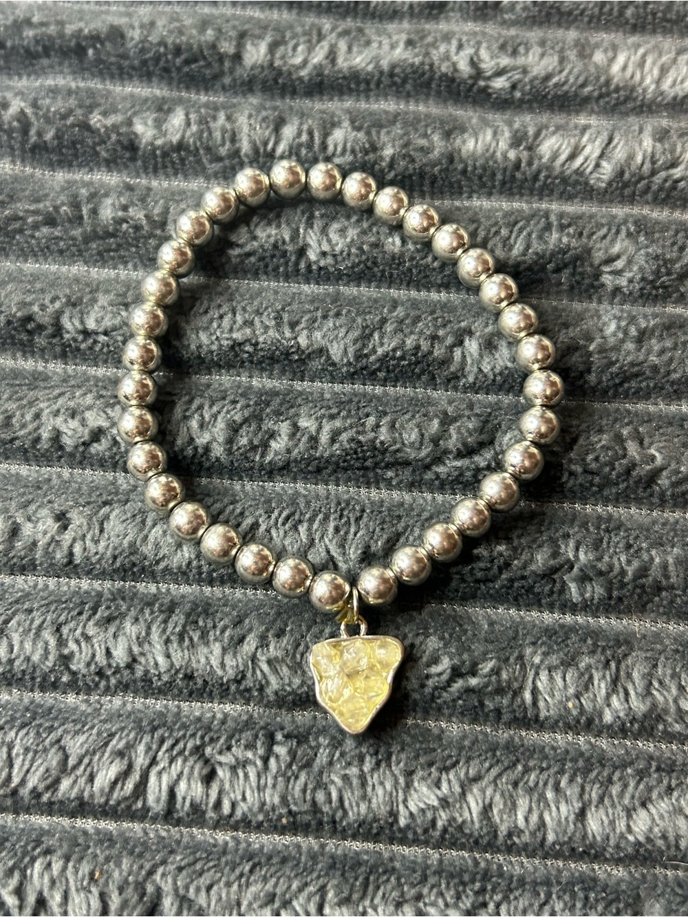 Silver Metallic Beaded Stretch Bracelet - Faux Raw Yellow Crystal Nugget Charm